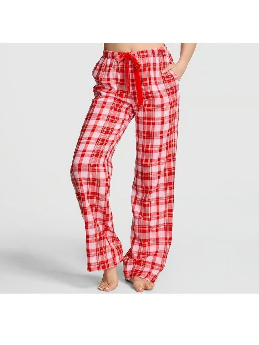 3068 NWT VS Pink Red Plaid Flannel Pajama Pants XS Short Cozy Lounge Sleep